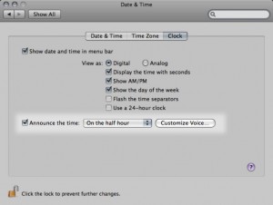 Activate Mac OS X setting for speaking the time aloud on the half-hour